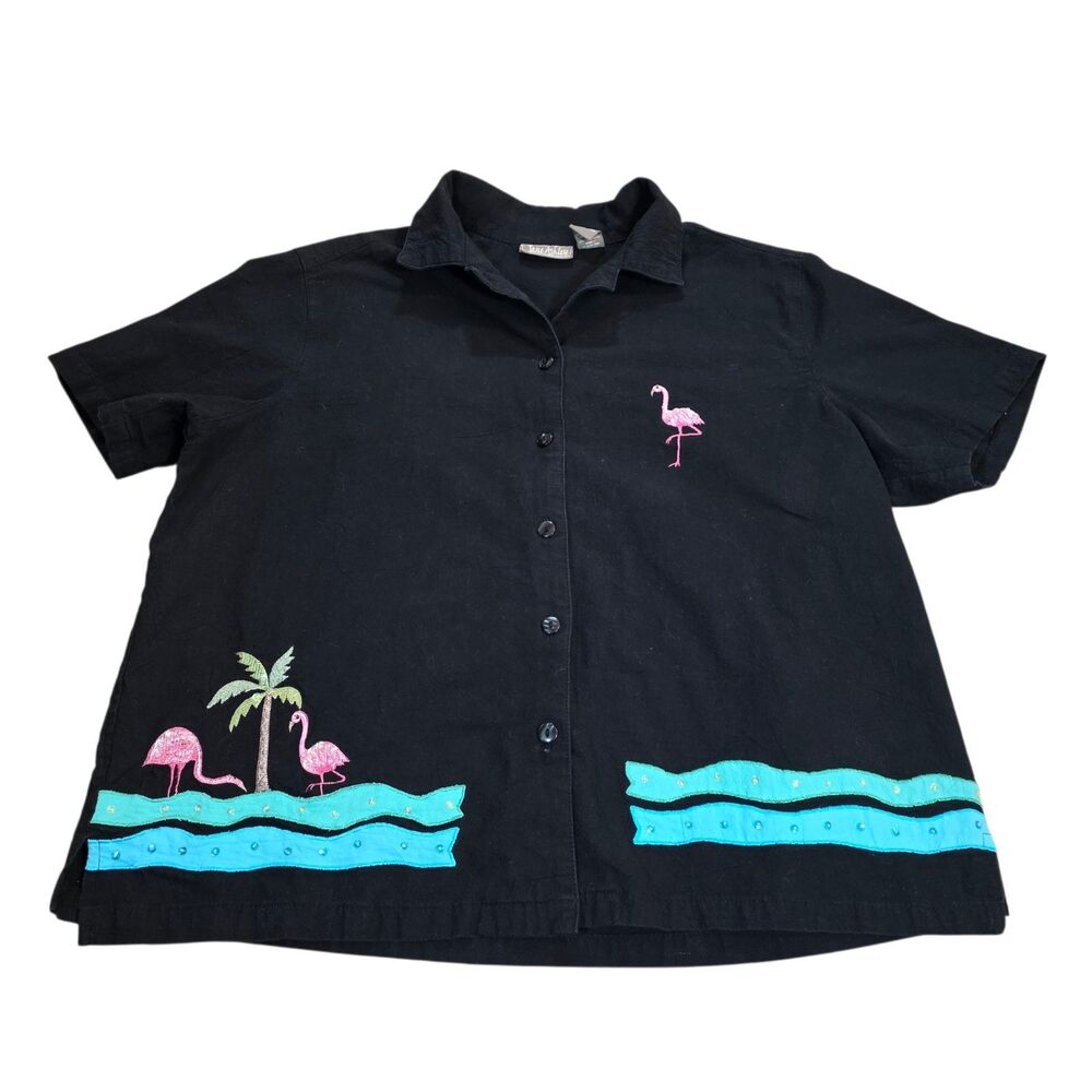 Jane Ashley Woman 1X Flamingo Palm Tree Embroidered Button Up Shirt Sequin Black